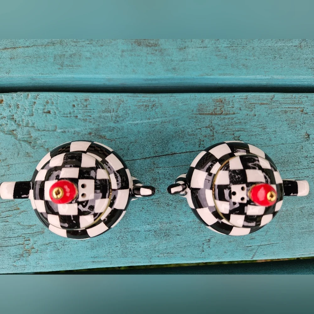Mackenzie Childs Courtly Check Teapot Salt & Pepper Shakers - Picture 5 of 9